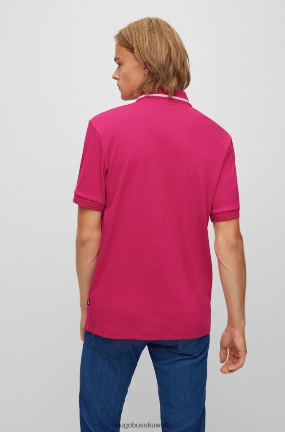 4TFNJN2112 لون القرنفل Hugo Boss قميص بولو من القطن المتشابك باللون الوردي مع شعار هوغو مطاطي