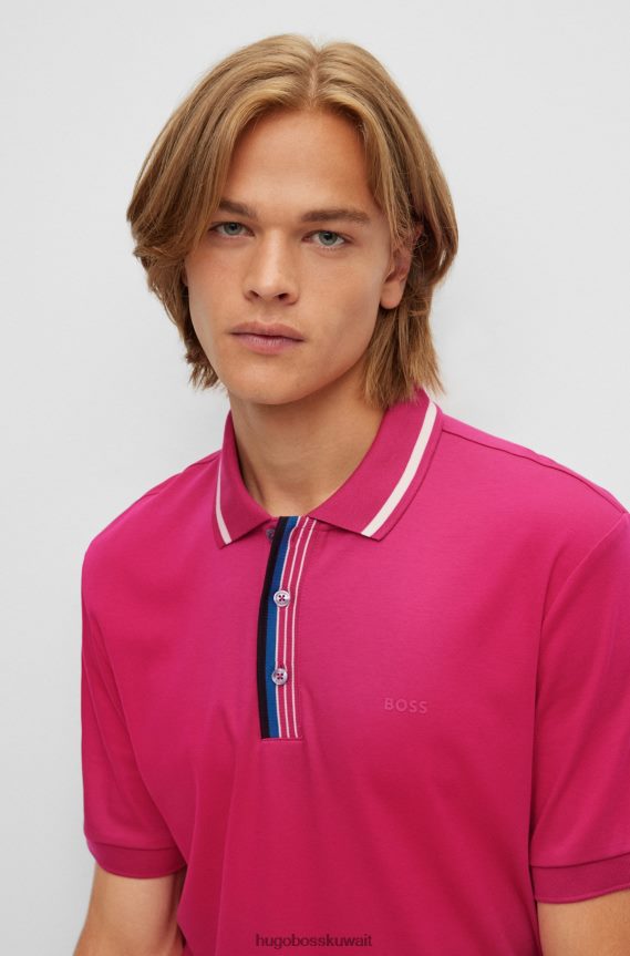 4TFNJN2112 لون القرنفل Hugo Boss قميص بولو من القطن المتشابك باللون الوردي مع شعار هوغو مطاطي