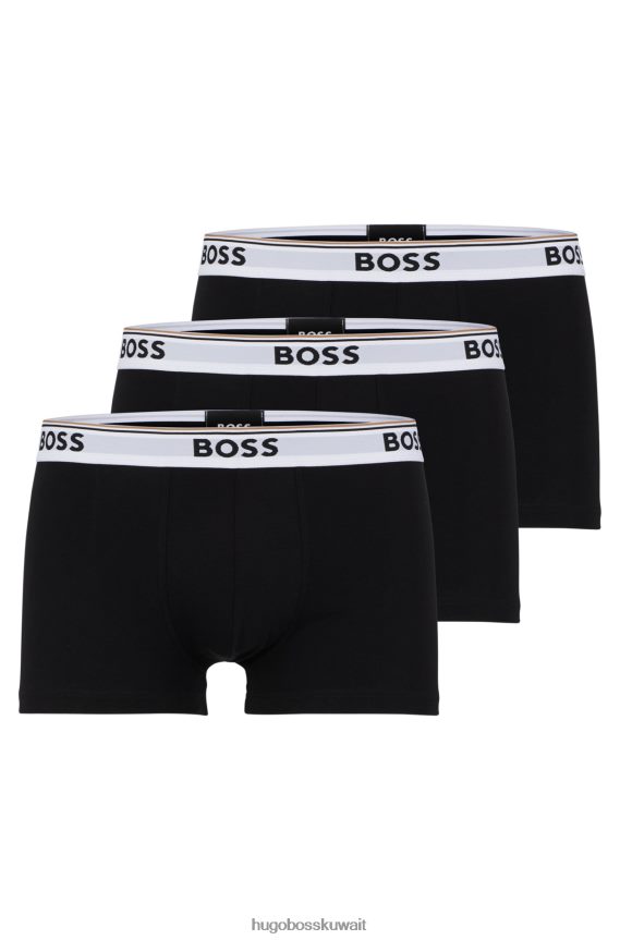 4TFNJN2119 أسود Hugo Boss حزمة من ثلاثة سراويل داخلية من القطن المطاطي مع أحزمة خصر تحمل شعار Hugo باللون الأسود
