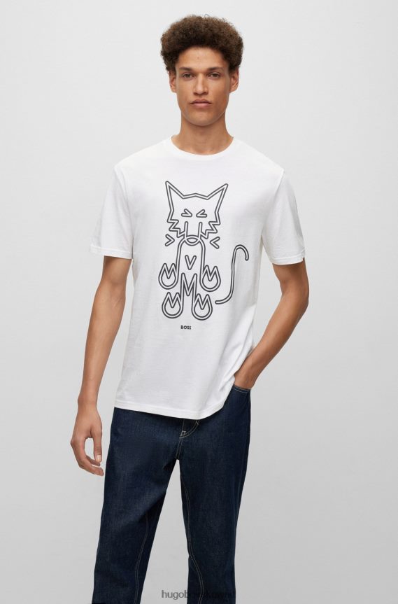 4TFNJN2152 أبيض Hugo Boss تيشيرت هوغو من الجيرسي القطني الأبيض بقصة عادية ورسومات حيوانية