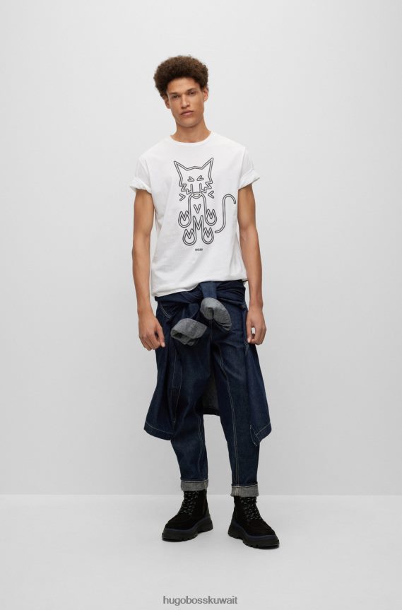 4TFNJN2152 أبيض Hugo Boss تيشيرت هوغو من الجيرسي القطني الأبيض بقصة عادية ورسومات حيوانية