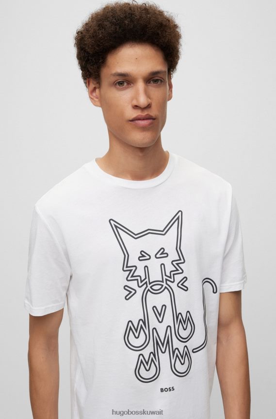 4TFNJN2152 أبيض Hugo Boss تيشيرت هوغو من الجيرسي القطني الأبيض بقصة عادية ورسومات حيوانية