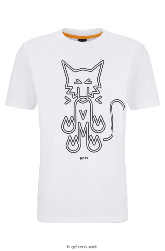 4TFNJN2152 أبيض Hugo Boss تيشيرت هوغو من الجيرسي القطني الأبيض بقصة عادية ورسومات حيوانية