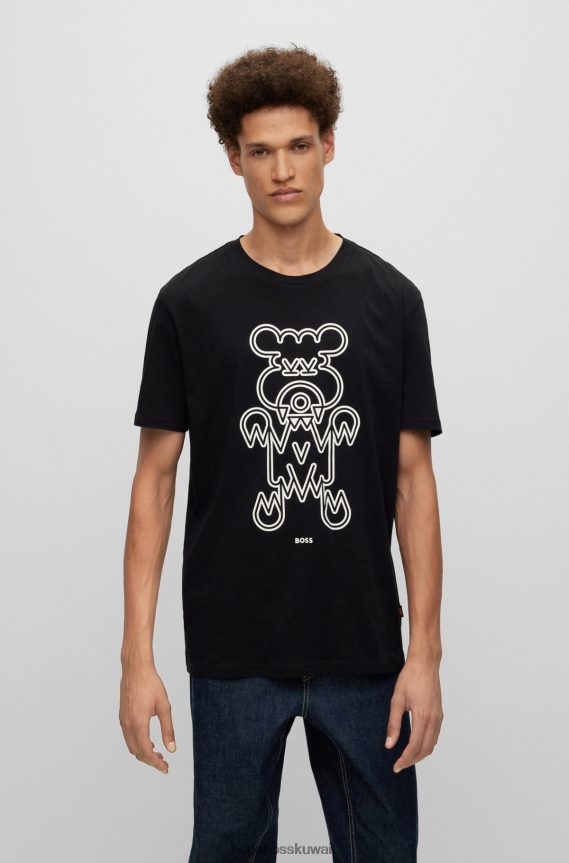 4TFNJN2153 أسود Hugo Boss تيشيرت هوغو من الجيرسي القطني بقصة عادية مع رسومات حيوانية باللون الأسود