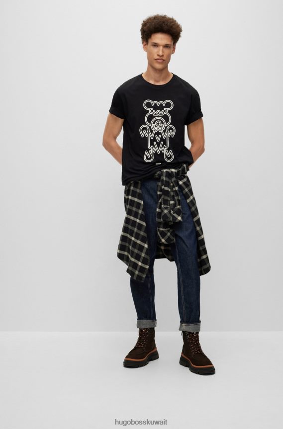 4TFNJN2153 أسود Hugo Boss تيشيرت هوغو من الجيرسي القطني بقصة عادية مع رسومات حيوانية باللون الأسود