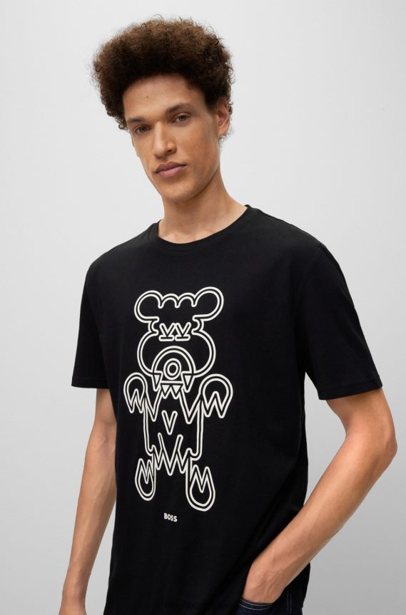 4TFNJN2153 أسود Hugo Boss تيشيرت هوغو من الجيرسي القطني بقصة عادية مع رسومات حيوانية باللون الأسود
