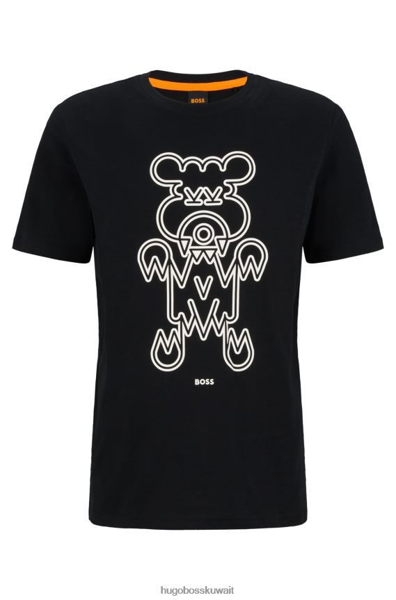 4TFNJN2153 أسود Hugo Boss تيشيرت هوغو من الجيرسي القطني بقصة عادية مع رسومات حيوانية باللون الأسود
