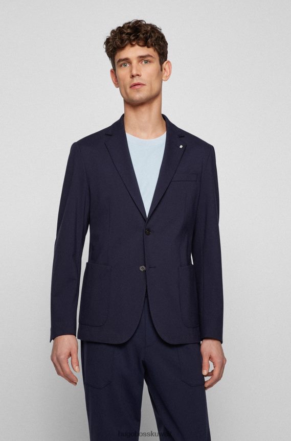 4TFNJN2167 أزرق غامق Hugo Boss سترة زرقاء داكنة بقصة ضيقة مصنوعة من قماش هوغو المتشابك المطاطي
