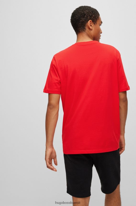 4TFNJN2173 أحمر Hugo Boss تي شيرت من الجيرسي القطني باللون الأحمر بقصة عادية مع شعار Hugo بلون متباين
