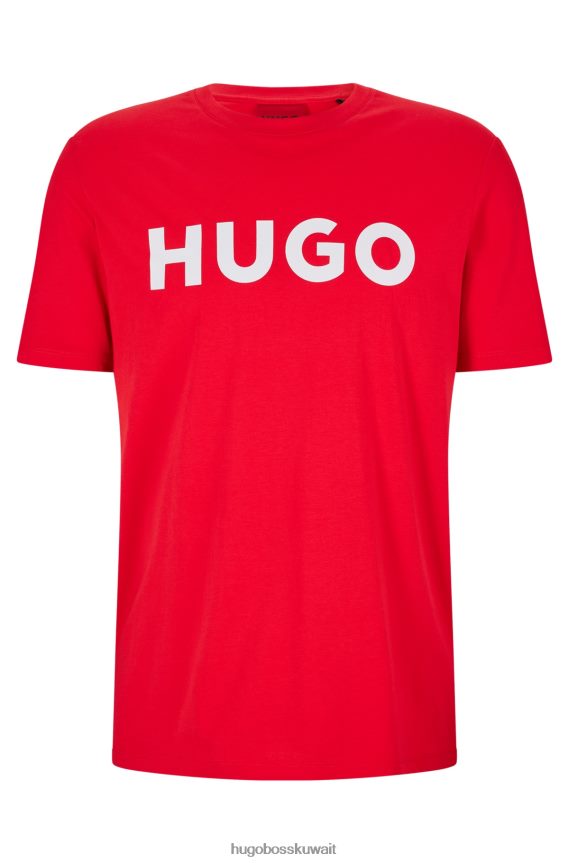 4TFNJN2173 أحمر Hugo Boss تي شيرت من الجيرسي القطني باللون الأحمر بقصة عادية مع شعار Hugo بلون متباين