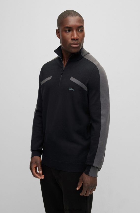 4TFNJN2183 أسود Hugo Boss سترة هوغو بسحاب ورقبة عادية مع شريط شعار أسود