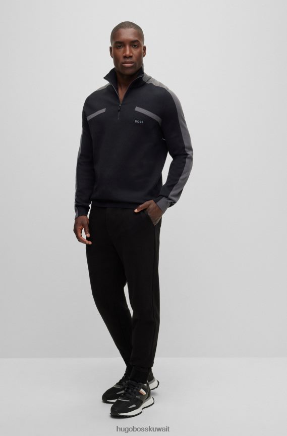 4TFNJN2183 أسود Hugo Boss سترة هوغو بسحاب ورقبة عادية مع شريط شعار أسود