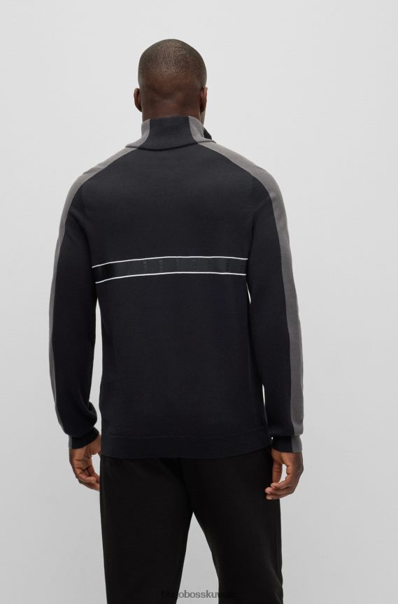 4TFNJN2183 أسود Hugo Boss سترة هوغو بسحاب ورقبة عادية مع شريط شعار أسود