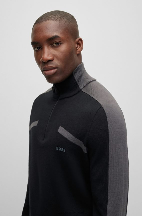 4TFNJN2183 أسود Hugo Boss سترة هوغو بسحاب ورقبة عادية مع شريط شعار أسود