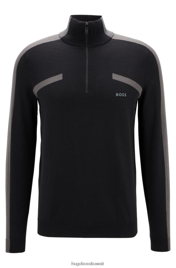 4TFNJN2183 أسود Hugo Boss سترة هوغو بسحاب ورقبة عادية مع شريط شعار أسود