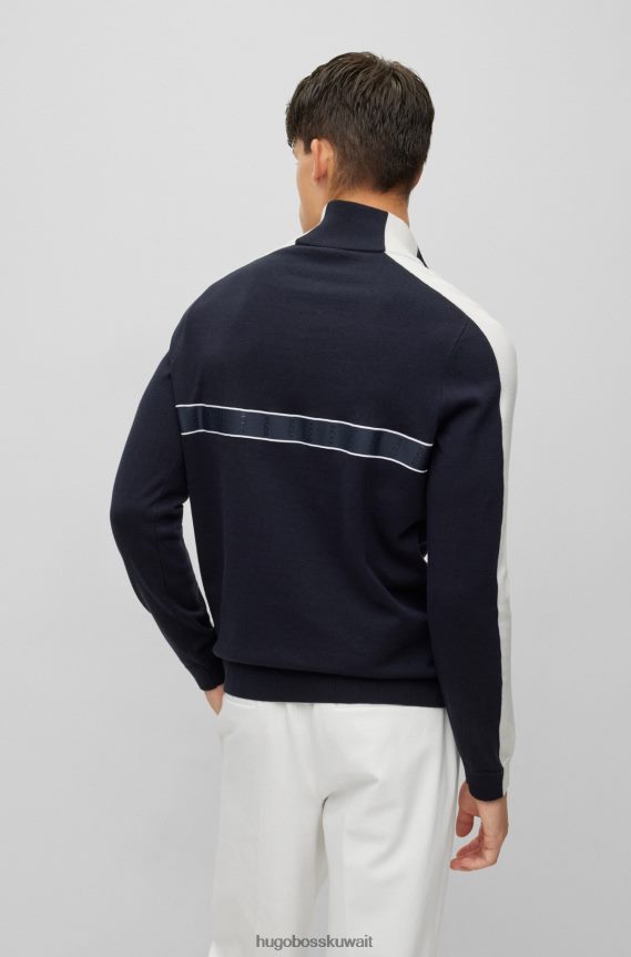 4TFNJN2184 أزرق غامق Hugo Boss سترة بسحاب ورقبة عادية مع شريط شعار باللون الأزرق الداكن