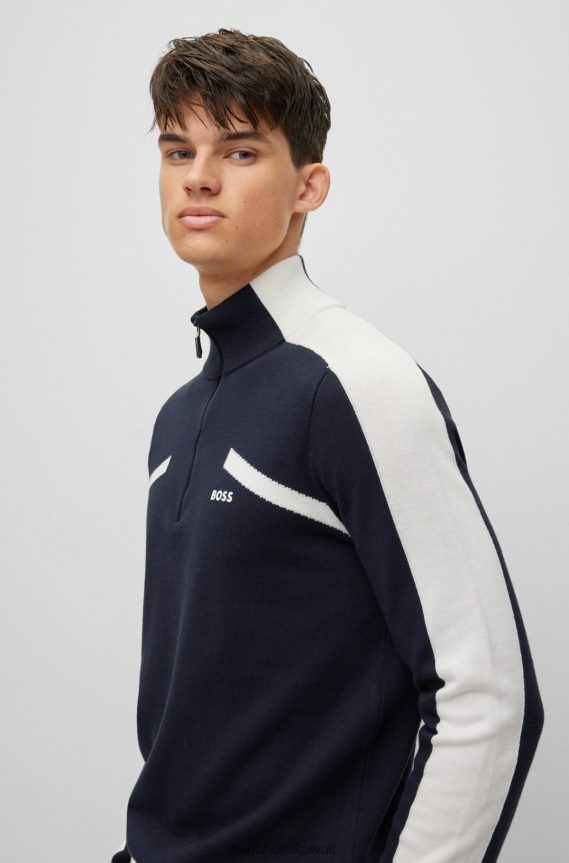 4TFNJN2184 أزرق غامق Hugo Boss سترة بسحاب ورقبة عادية مع شريط شعار باللون الأزرق الداكن