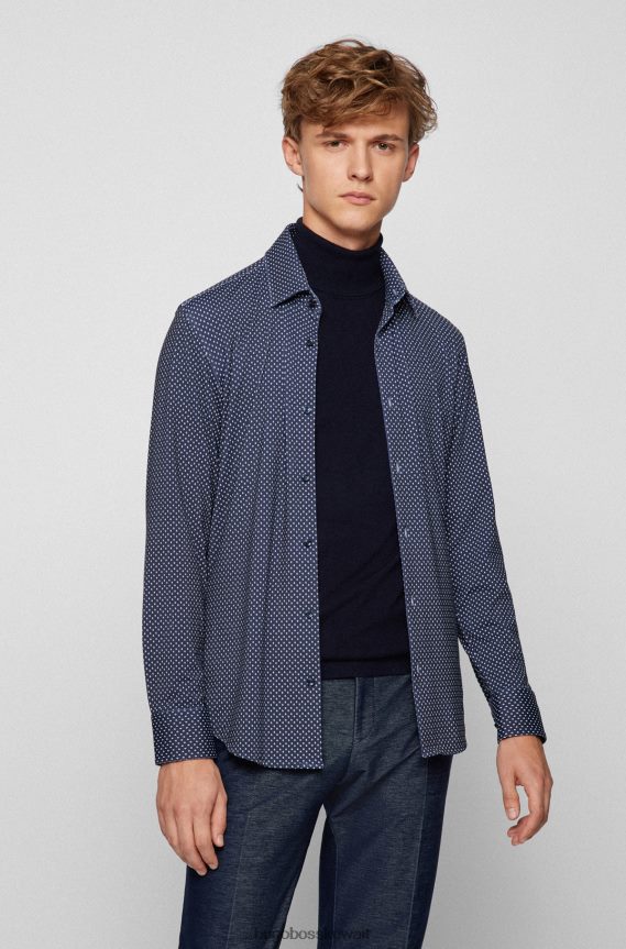 4TFNJN2185 أزرق غامق Hugo Boss قميص أزرق داكن بقصّة ضيّقة من هوغو جيرسي مطاطي الأداء بطبعات هندسية