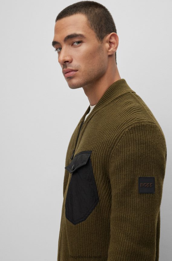 4TFNJN2191 أخضر غامق Hugo Boss سترة بسحاب بقصة عادية مصنوعة من مواد مختلطة من هوغو باللون الأخضر الداكن