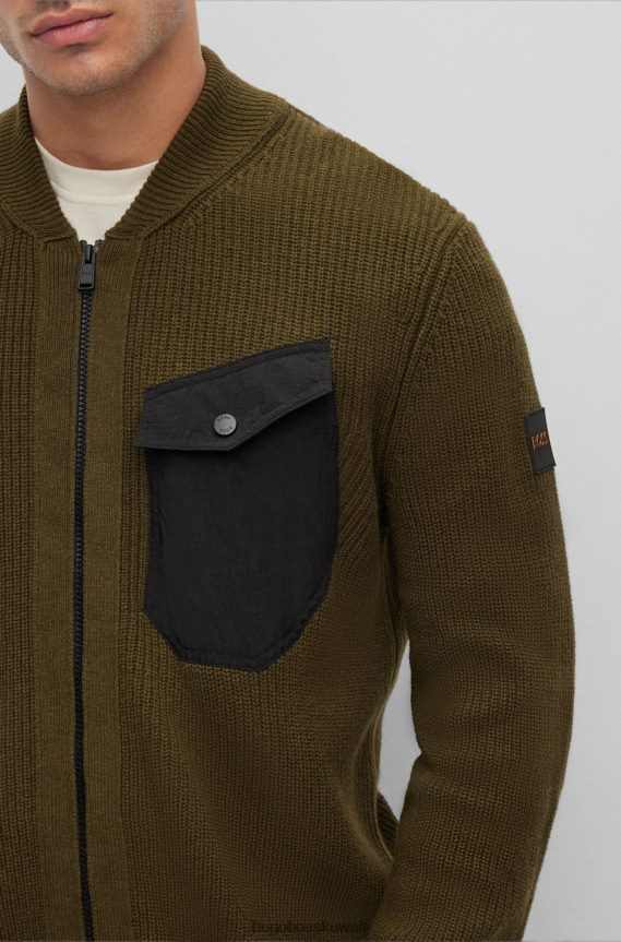 4TFNJN2191 أخضر غامق Hugo Boss سترة بسحاب بقصة عادية مصنوعة من مواد مختلطة من هوغو باللون الأخضر الداكن