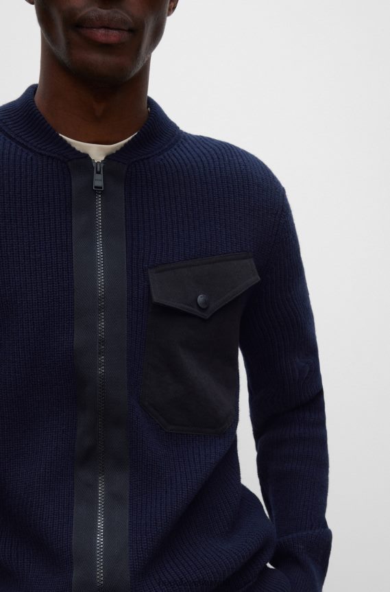 4TFNJN2192 أزرق غامق Hugo Boss سترة بسحاب باللون الأزرق الداكن مصنوعة من مواد مختلطة من هوغو