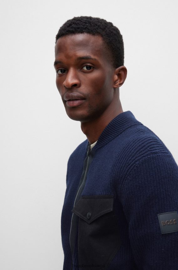 4TFNJN2192 أزرق غامق Hugo Boss سترة بسحاب باللون الأزرق الداكن مصنوعة من مواد مختلطة من هوغو