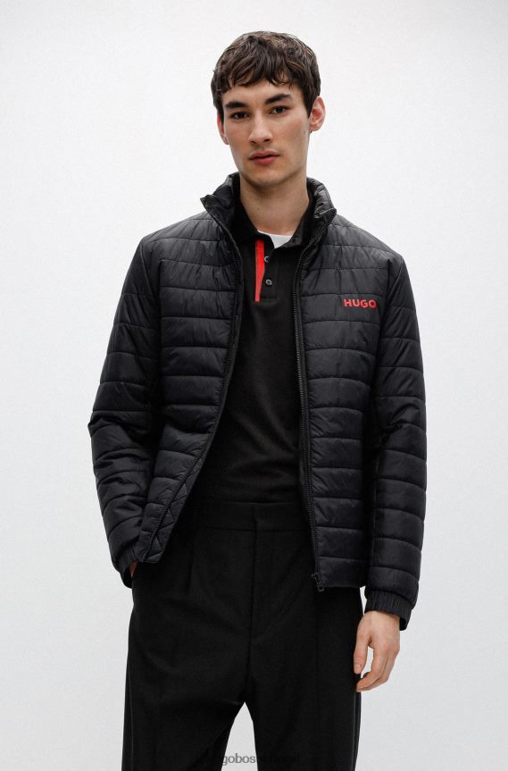 4TFNJN2211 أسود Hugo Boss سترة مبطنة سوداء مقاومة للماء مع طباعة شعار هوغو