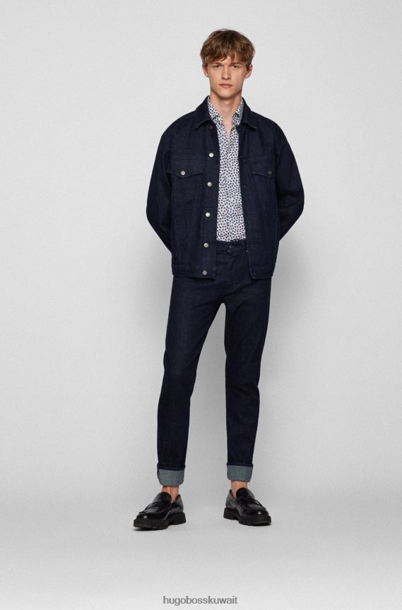 4TFNJN2217 أزرق Hugo Boss قميص أزرق بقصة عادية من قماش البوبلين الإيطالي والقطن والكتان المطبوع