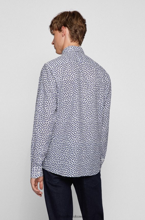 4TFNJN2217 أزرق Hugo Boss قميص أزرق بقصة عادية من قماش البوبلين الإيطالي والقطن والكتان المطبوع