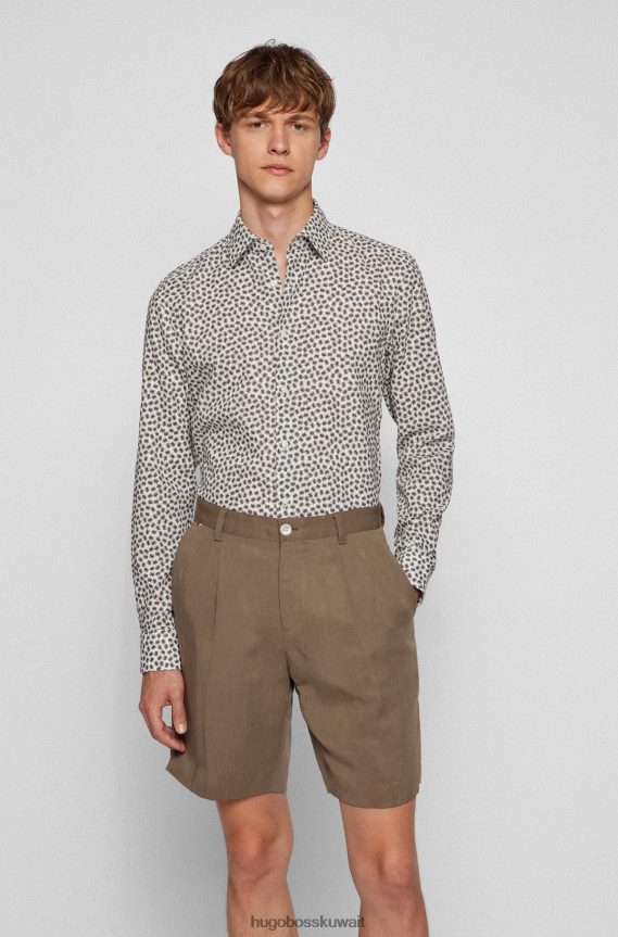 4TFNJN2218 البيج الفاتح Hugo Boss قميص بقصة عادية من قماش البوبلين الإيطالي والقطن والكتان المطبوع باللون البيج الفاتح