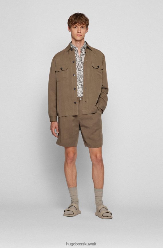 4TFNJN2218 البيج الفاتح Hugo Boss قميص بقصة عادية من قماش البوبلين الإيطالي والقطن والكتان المطبوع باللون البيج الفاتح