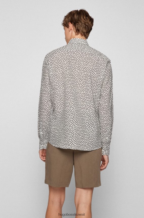 4TFNJN2218 البيج الفاتح Hugo Boss قميص بقصة عادية من قماش البوبلين الإيطالي والقطن والكتان المطبوع باللون البيج الفاتح
