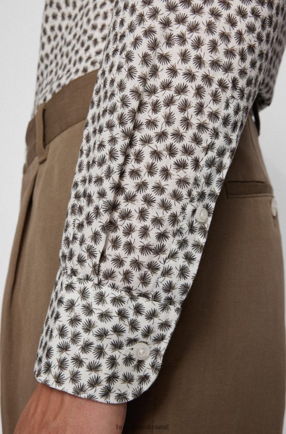 4TFNJN2218 البيج الفاتح Hugo Boss قميص بقصة عادية من قماش البوبلين الإيطالي والقطن والكتان المطبوع باللون البيج الفاتح