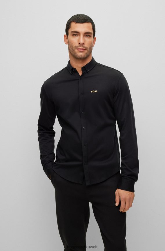 4TFNJN2219 أسود Hugo Boss قميص هوغو أسود بقصة عادية من قطن بيكيه مع شعار