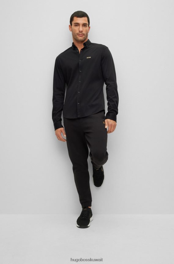 4TFNJN2219 أسود Hugo Boss قميص هوغو أسود بقصة عادية من قطن بيكيه مع شعار