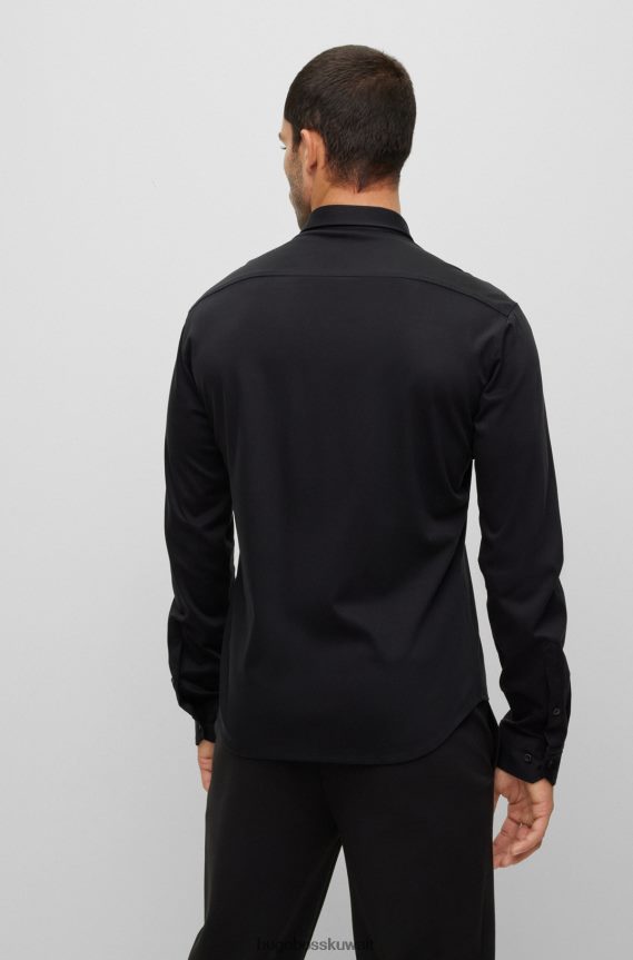 4TFNJN2219 أسود Hugo Boss قميص هوغو أسود بقصة عادية من قطن بيكيه مع شعار