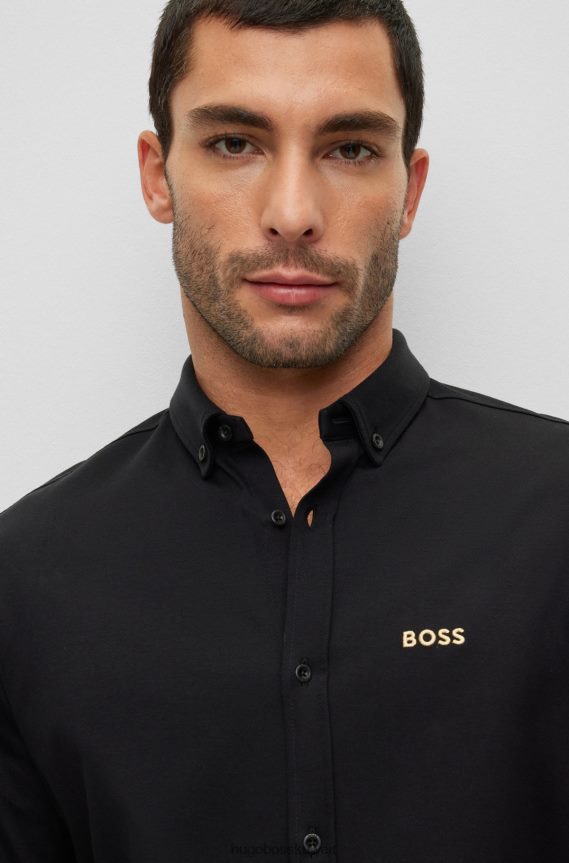 4TFNJN2219 أسود Hugo Boss قميص هوغو أسود بقصة عادية من قطن بيكيه مع شعار