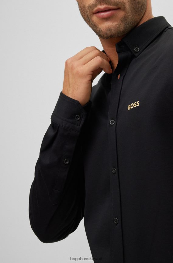 4TFNJN2219 أسود Hugo Boss قميص هوغو أسود بقصة عادية من قطن بيكيه مع شعار