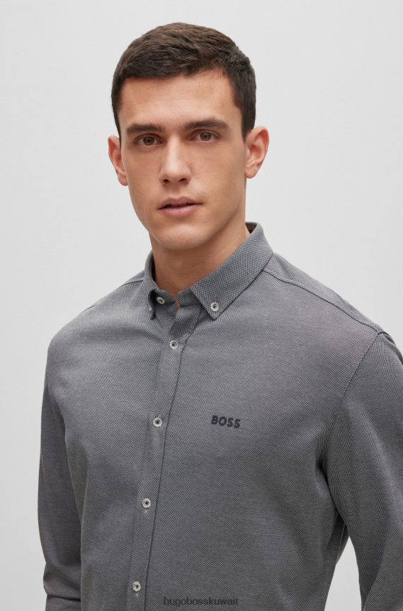 4TFNJN2221 رمادي Hugo Boss قميص Hugo بقصة عادية من قطن بيكيه مع شعار باللون الرمادي