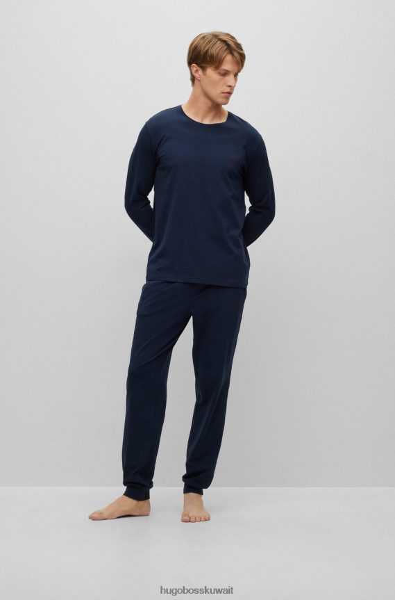 4TFNJN2229 أزرق غامق Hugo Boss تي شيرت من القطن المطاطي باللون الأزرق الداكن مع شعار هوغو مطرز