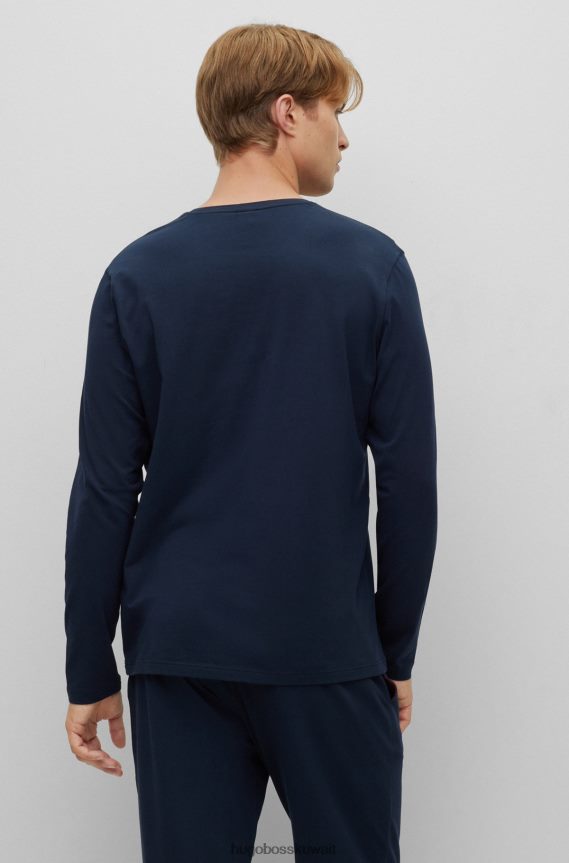 4TFNJN2229 أزرق غامق Hugo Boss تي شيرت من القطن المطاطي باللون الأزرق الداكن مع شعار هوغو مطرز