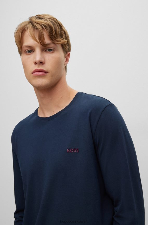 4TFNJN2229 أزرق غامق Hugo Boss تي شيرت من القطن المطاطي باللون الأزرق الداكن مع شعار هوغو مطرز