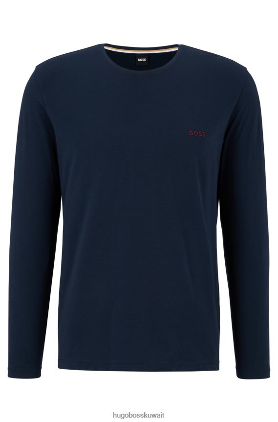 4TFNJN2229 أزرق غامق Hugo Boss تي شيرت من القطن المطاطي باللون الأزرق الداكن مع شعار هوغو مطرز