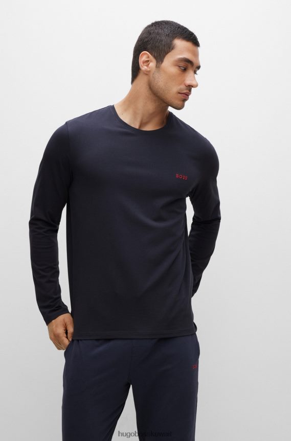 4TFNJN2230 أزرق غامق Hugo Boss تي شيرت من القطن المطاطي مع شعار هوغو مطرز باللون الأزرق الداكن