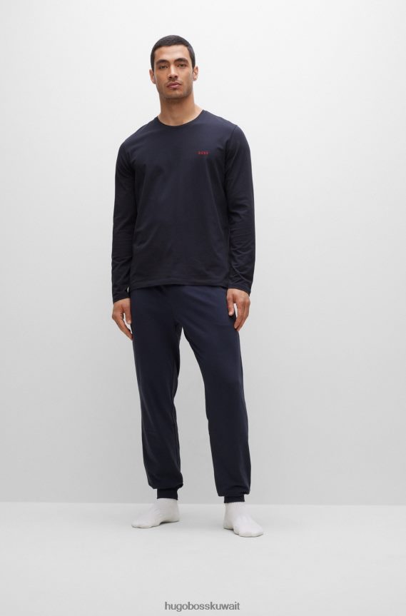 4TFNJN2230 أزرق غامق Hugo Boss تي شيرت من القطن المطاطي مع شعار هوغو مطرز باللون الأزرق الداكن