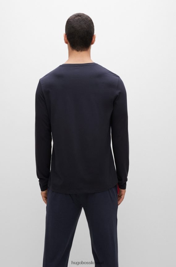 4TFNJN2230 أزرق غامق Hugo Boss تي شيرت من القطن المطاطي مع شعار هوغو مطرز باللون الأزرق الداكن