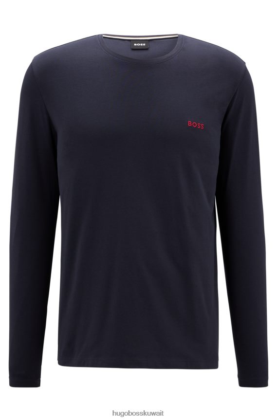 4TFNJN2230 أزرق غامق Hugo Boss تي شيرت من القطن المطاطي مع شعار هوغو مطرز باللون الأزرق الداكن