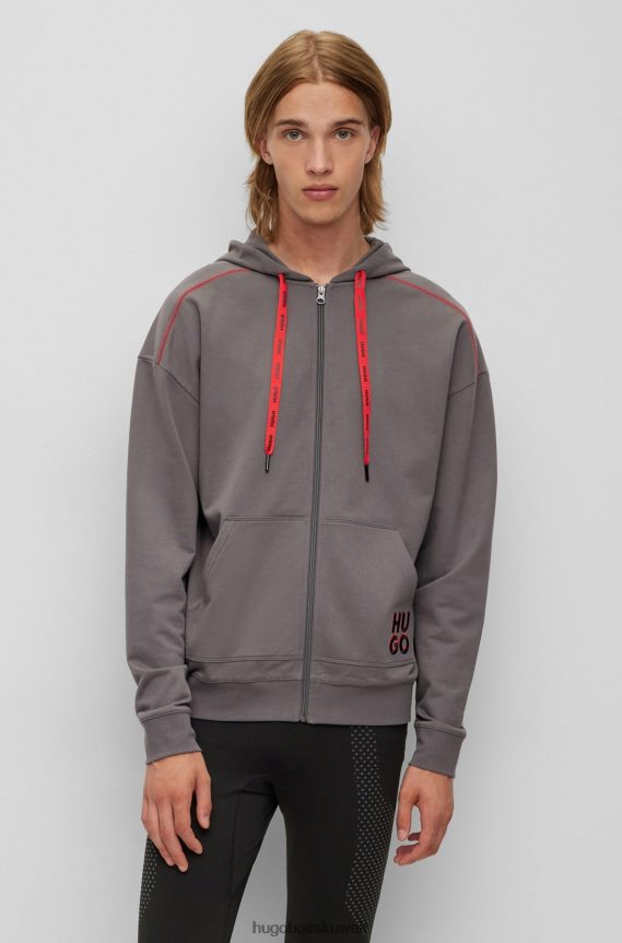 4TFNJN2250 الرمادي الداكن Hugo Boss سترة بغطاء للرأس بسحاب من Hugo باللون الرمادي الداكن مع شعار مكدس