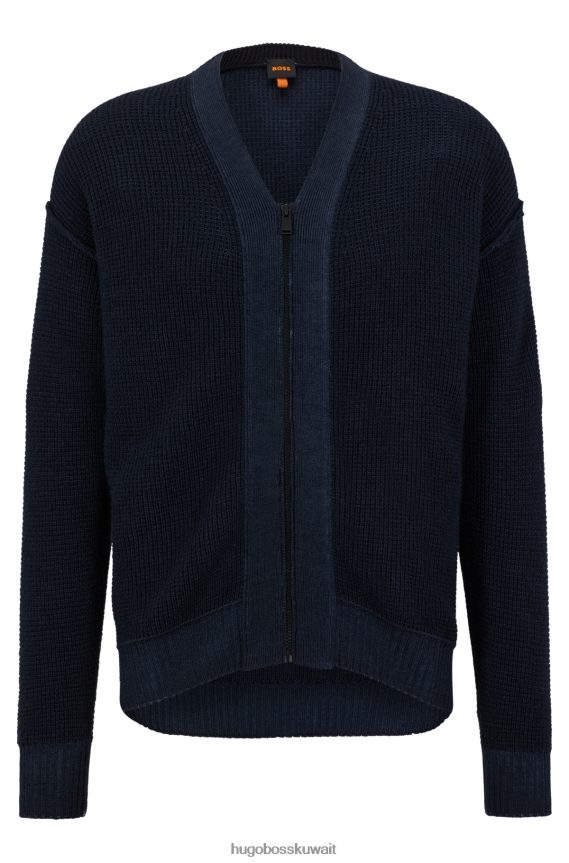 4TFNJN2251 أزرق غامق Hugo Boss سترة هوغو بسحاب مريحة من الصوف البكر باللون الأزرق الداكن