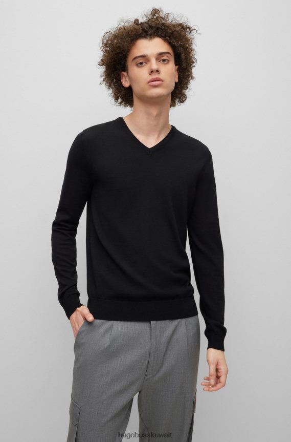 4TFNJN2254 أسود Hugo Boss سترة ضيقة برقبة على شكل حرف V من الصوف البكر باللون الأسود